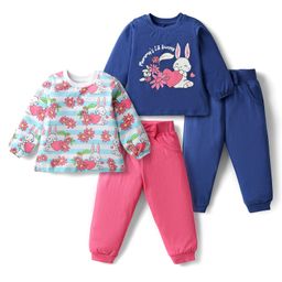 Doodle Poodle 100% Cotton Knit Full Sleeves Tops & Lounge Pants Set with Bunny Print & Bow Applique Pack of 2 - Navy Blue White & Pink-picture-21
