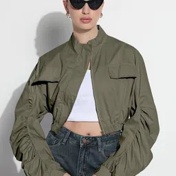 SHOWOFF Women Stand Collar Solid Lightweight Casual Bomber-image-37