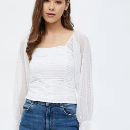 MIZAGO Women Square Neck Bell Sleeve Pleated Smocked Top-picture-28