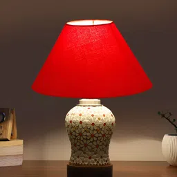 Devansh Red & White Printed Wooden Frustum Shaped Table Lamp With Mosaic Glass Base image 2