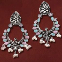 OOMPH Silver Oxidized Pink & Ferozi Blue Peacock Shape Ethnic Drop Earrings-47