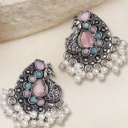 OOMPH Silver Oxidized Pink & Ferozi Blue Peacock Shape Ethnic Drop Earrings-image-94
