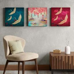 India Circus Red Canvas Lakeside Crane Flight Wall Art - Set of 3-27
