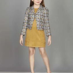 Peppermint Girls Mustard & Grey Checks Full Sleeves Dress Set-picture-21