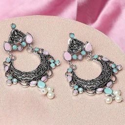 OOMPH Oxidized Silver Earrings Green & Pink Stones Laxmi Floral Shape Chand Bali Earrings-44