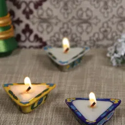 Aapno Rajasthan Blue & Yellow Stunning Triangular Shape Candle Diya - Set of 3-image-20