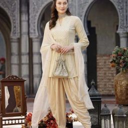 Stylum Beige Embroidered Kurti Dhoti Pant Set With Dupatta-image-13