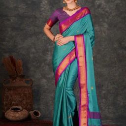Satrani Dark Turquoise & Magenta Silk Woven Saree With Unstitched Blouse-picture-25