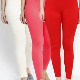 Gracit Red & Off-White Mid Rise Leggings - Pack Of 3-15