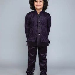 Fourfolds Boys Purple Regular Fit Printed Blazer & Trousers Set-image-84
