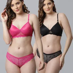 AROUSY Pink & Black Cotton Self Pattern Bra Panty Set - Pack Of 2-image-14