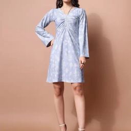 PURVAJA Grey Print Full Sleeves A Line Dress-image-85