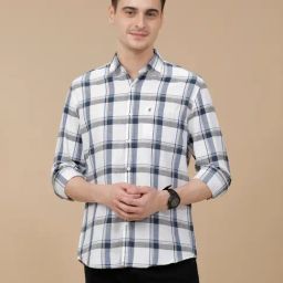 CAVALLO by Linen Club Blue Linen Blend Slim fit Checks casual shirts-image-81