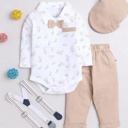 Bumzee Boys Beige & White Printed Full Sleeves Bodysuit, Pants, Cap With Suspender-image-37