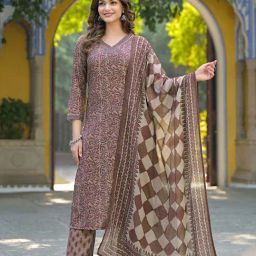 Vaamsi Women Brown Cotton Blend Floral Printed Straight Kurta Trousers With Dupatta-image-6