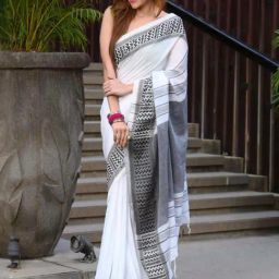BEATITUDE White Cotton Jacquard Border Tangail Handloom Saree-image-64