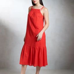 VIRGIO Orange Cotton Solid Sleeveless Dress-image-68