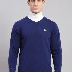 Monte Carlo Blue Wool Blend Regular Fit Solid Pullover-image-11
