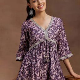 Libas Purple Floral Printed Pleated A-line Kurti with Tassels and Zari Detail-picture-16