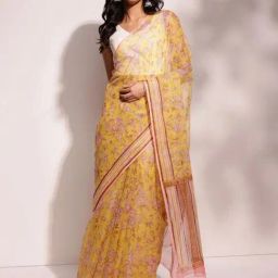 Fabindia Yellow Floral Print Saree Without Blouse-image-18