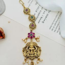 Abdesigns Gold-Tone Plated KempStone Studded And Beaded Temple Maang Tikka Headpiece-image-18