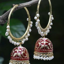 Moedbuille Pearls Handpainted Red Meenakari Work Gold Plated Handcrafted Brass Earrings-image-26