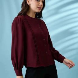 Globus Women Burgundy Pleated Mandarin Collar Cuffed Sleeves Workwear Shirt-image-35