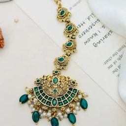 Abdesigns Gold-Tone Plated KempStone Studded And Beaded Temple Maang Tikka Headpiece-image-62