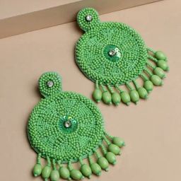 Moedbuille Handcrafted Green Beads and Pearls Contemporary Tassell Design Silver Plated Earrings-7