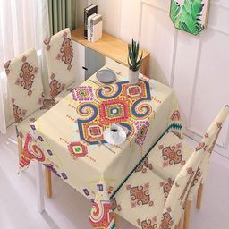 HOKIPO 5-Pcs Beige & Yellow Printed Chair Covers With Table Cover-image-76