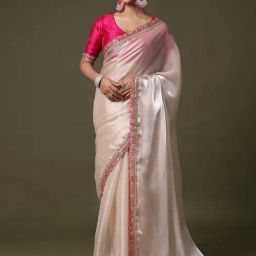 Saree Mall Cream Net Embroidery Saree with Blouse Piece-picture-1