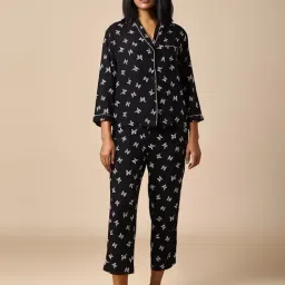 Chemistry Black Viscose Print Night Suit-image-5