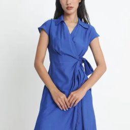 RAREISM Blue Viscose Blend Solid Short Sleeves Dress-image-9