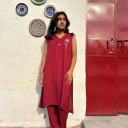 Zuri Red Embroidered Sleeveless Cotton Kurta-picture-12