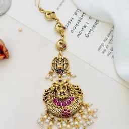 Abdesigns Gold-Tone Plated KempStone Studded And Beaded Temple Maang Tikka Headpiece-image-60