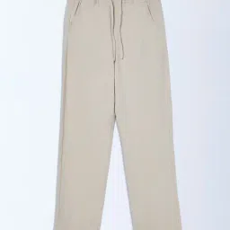 Y&F Kids by Westside Taupe Solid Mid-Rise Cotton Trousers-picture-1
