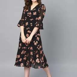 SASSAFRAS Black & Pink Floral Printed Wrap Dress-image-43