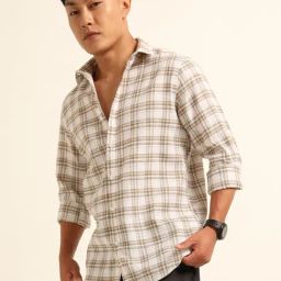 Bushirt Light Brown 100% Cotton Checked Shirt-image-44
