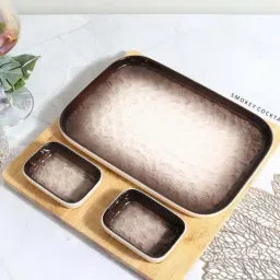 Smokey Cocktail Brown Ceramic Square Serving Plate With 2 Sauce Dip Bowls-image-44