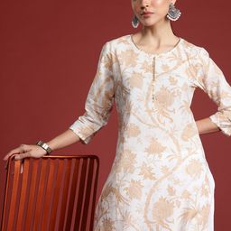 Indo Era Women Floral Printed Keyhole Neck Pure Cotton Kurta-38