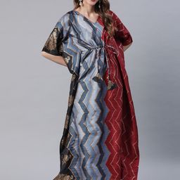 Cottinfab Women Grey & Maroon Chevron Printed Flared Sleeves Kaftan Kurta-picture-14