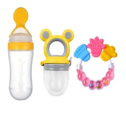Joy Buzz Kids Set Of 3 Baby Food Feeder Nibbler & Rattle Teether - Pink & Yellow-38