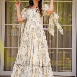 Navlik Women Floral Printed Puff Sleeves Fit and Flare Maxi Dress-image-14