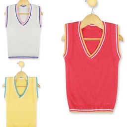 KNITCO Pack Of 3 Solid Vest Sweaters - Off White Yellow & Red-image-34
