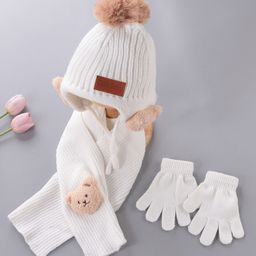Babyhug Pom Pom Acrylic Woolen Cap Muffler & Gloves Set Teddy Design - White-image-60