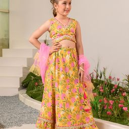 Pspeaches Sleeveless Motif Printed Gota Patti Detailed Lehenga Choli With Dupatta - Mustard Yellow-image-58