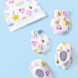 Babyhug 100% Cotton Cap Mittens & Booties Set Floral & Rainbow Print - Multicolour-image-26