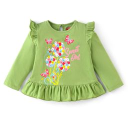 Babyhug 100% Cotton Knit Full Sleeves Top with Floral Grapics & Frill Detailing - Green-image-76