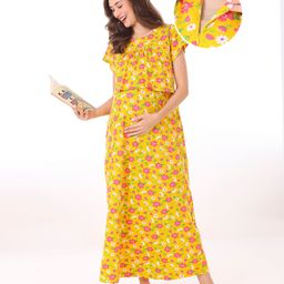 Bella Mama 100% Cotton Knit Half Sleeves Concealed Zipper Nursing Nighty  with Pockets & Floral Print - Yellow-picture-14