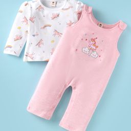 ToffyHouse 100% Cotton Knit Full Sleeves Unicorn Printed T-Shirt & Embroidered Dungaree Style Romper - Pink-picture-31